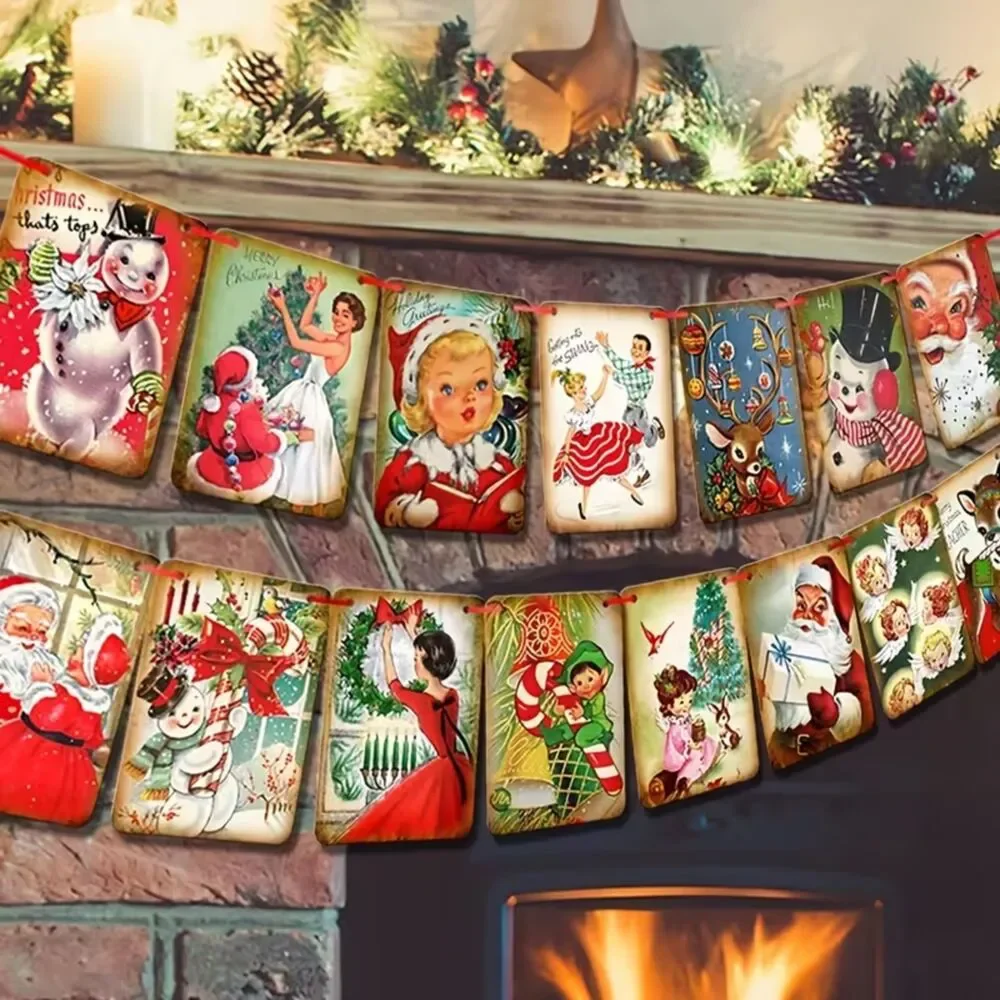 Vintage Inspired Retro Christmas Banner 1960s Paper Garland Santa Holiday Decor